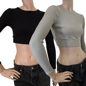 Cotton On Ribbed Long Sleeve Crop Top SZ S Black & Sage Green